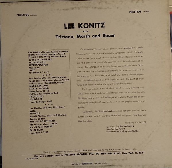 Lee Konitz With Lennie Tristano , Warne Marsh & Billy Bauer - Subconscious-Lee | Prestige (OM 2008) - 2