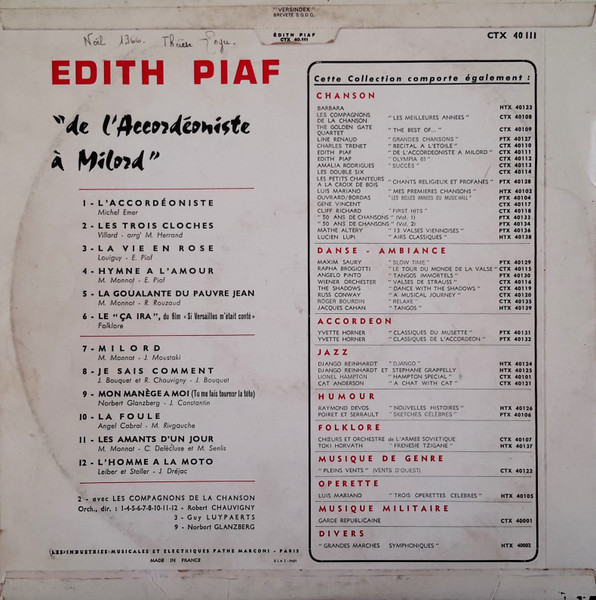 Edith Piaf - De L'Accordéoniste À Milord | Columbia (CTX 40111) - 2