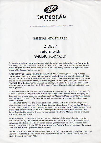 2 Deep - Music For You | Imperial Recordings (IMP 12006)