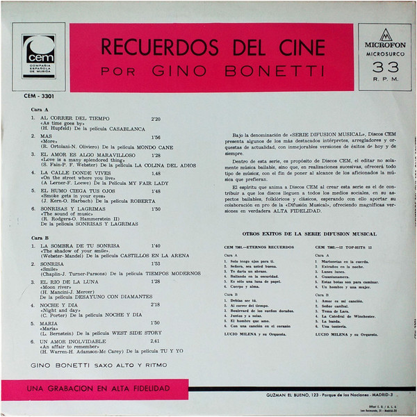 Gino Bonetti - Recuerdos Del Cine Por Gino Bonetti | CEM (CEM-3301) - 2