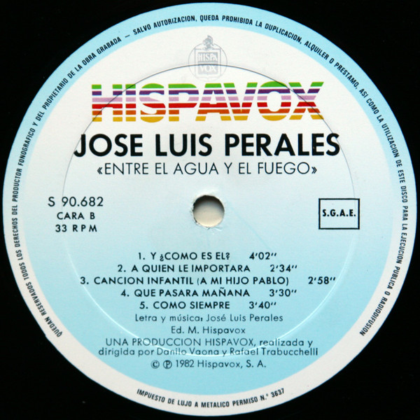 José Luis Perales - Entre El Agua Y El Fuego | Hispavox (S 90.682) - 4