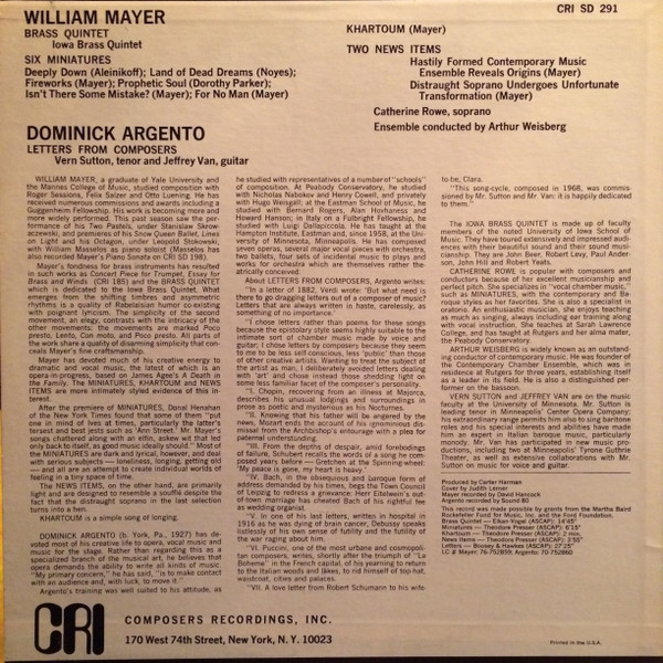 William Mayer / Dominick Argento - Brass Quintet / Miniatures / Two News Items / Letters From Composers | Composers Recordings, Inc. (CRI SD 291) - 2