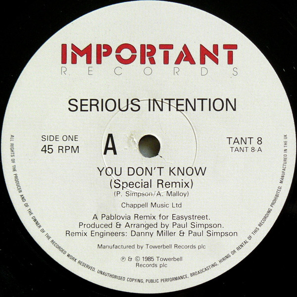 Serious Intention - You Don't Know | Important Records (TANT 8) - 2