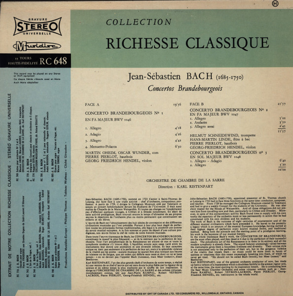 Johann Sebastian Bach , Karl Ristenpart - Concertos Brandebourgeois | Musidisc (30 RC 648) - 2 Johann Sebastian Bach , Karl Ristenpart - Concertos Brandebourgeois | Musidisc (30 RC 648) - 2