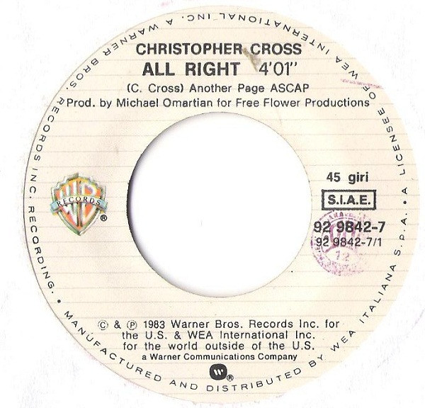 Christopher Cross - All Right | Warner Bros. Records (92 9843-7) - 3