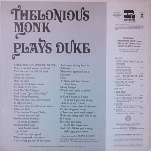 Thelonious Monk - Thelonious Monk Plays Duke | Riverside Records (RS-3015) - 3 Thelonious Monk - Thelonious Monk Plays Duke | Riverside Records (RS-3015) - 3