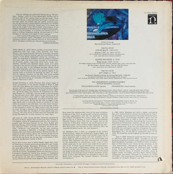 Stefan Wolpe / George Rochberg / Jeff Jones - Contemporary Chamber Ensemble , Arthur Weisberg , Phyllis Bryn-Julson , Jan DeGaetani - Spectrum: New American Music, Volume IV | Nonesuch (H-71302) - 2