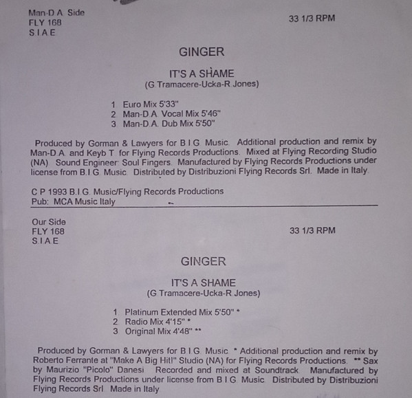 Ginger Brew - It's A Shame | Flying Records (FLY 168) - main