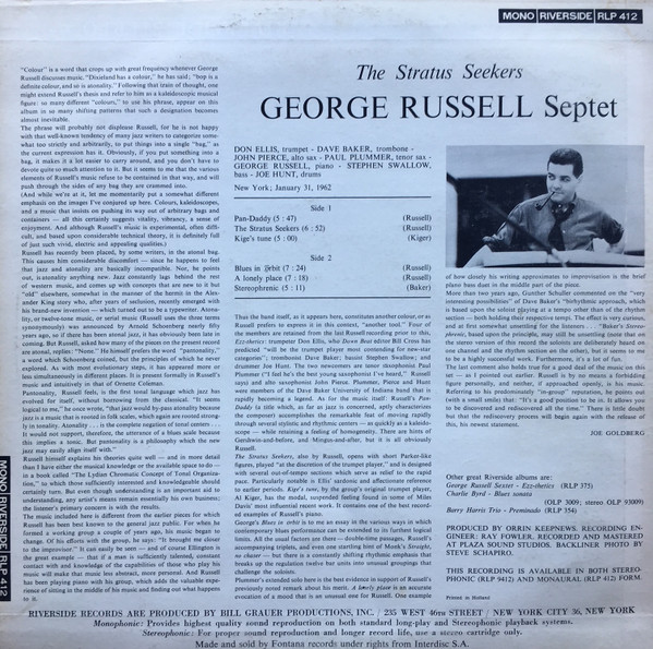 George Russell Septet - The Stratus Seekers | Riverside Records (RLP 412) - 2 George Russell Septet - The Stratus Seekers | Riverside Records (RLP 412) - 2