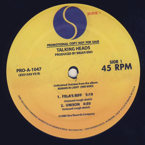 Talking Heads - 'Remain In Light' Unreleased Outtakes | Sire (PRO-A-1047) - 2
