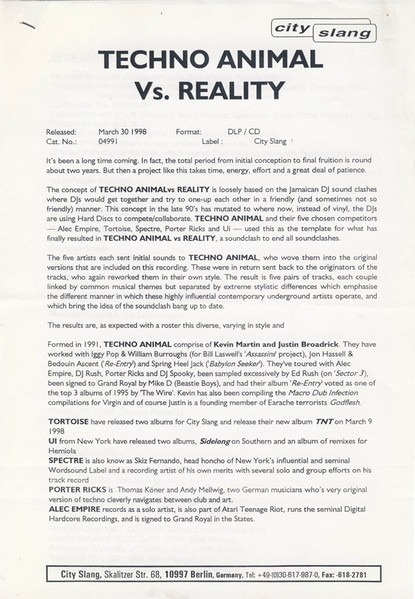 Techno Animal - Techno Animal Versus Reality | City Slang (04991-1) - 2