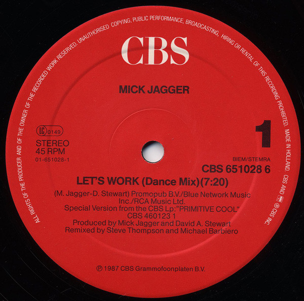 Mick Jagger - Let's Work (Dance Mix) | CBS (CBS 651028 6)