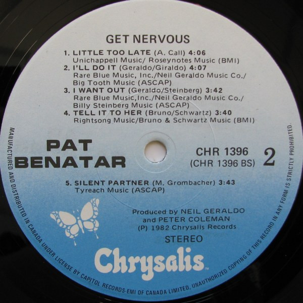 Pat Benatar - Get Nervous | Chrysalis (CHR 1396) - 4