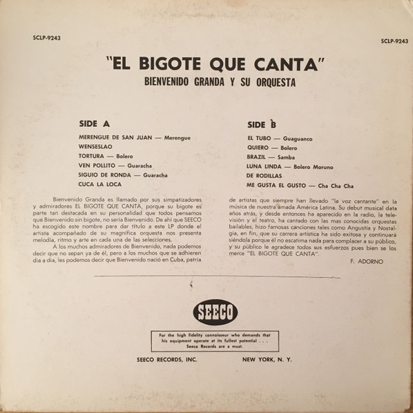 Bienvenido Granda Y Su Orquesta - El Bigote Que Canta | Seeco (SCLP 9243) - 2 Bienvenido Granda Y Su Orquesta - El Bigote Que Canta | Seeco (SCLP 9243) - 2