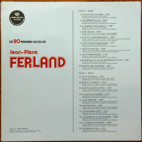 Jean-Pierre Ferland - Les 20 Premiers Succès [Vinyl] | Select (SQ-20.001) - 2