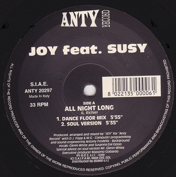 Joy feat. Susy Dal Gesso - All Night Long / I Believe | Anty Record (ANTY 20297) - main