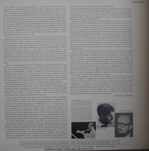 Iannis Xenakis / Krzysztof Penderecki , Buffalo Philharmonic Orchestra , Lukas Foss - Akrata, Pithoprakta / Capriccio For Violin & Orchestra, De Natura Sonoris | Nonesuch (H-71201) - 3
