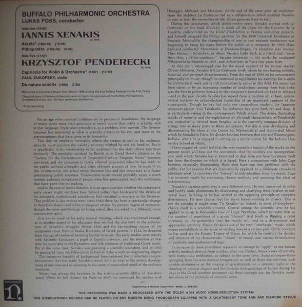 Iannis Xenakis / Krzysztof Penderecki , Buffalo Philharmonic Orchestra , Lukas Foss - Akrata, Pithoprakta / Capriccio For Violin & Orchestra, De Natura Sonoris | Nonesuch (H-71201) - 2