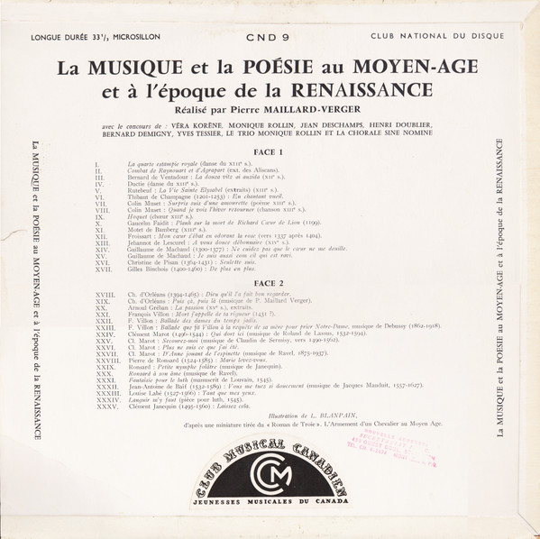 Bernard Demigny , Jean Deschamps , Henri Doublier , Véra Korène , Pierre Maillard-Verger , Monique Rollin , Yves Tessier , Le Trio Monique Rollin , Capella Sine Nomine - Musique & Poésie Au Moyen-Âge & Sous La Renaissance | Club National Du Disque (CND 9) - 2