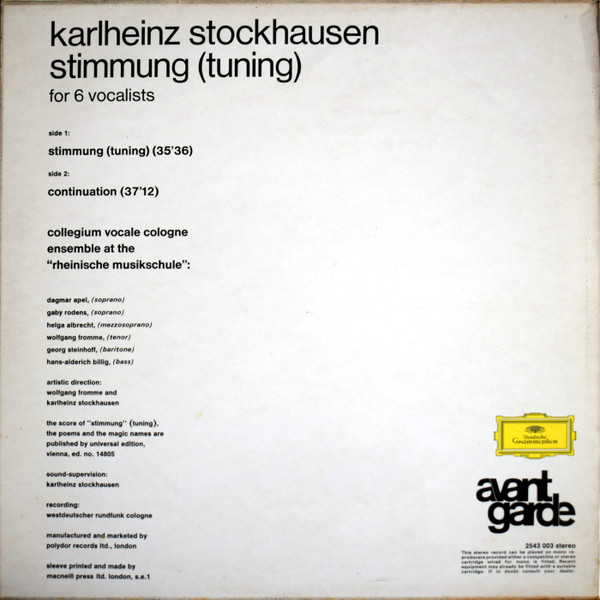 Karlheinz Stockhausen - Collegium Vocale Cologne , Director: Wolfgang Fromme - Stimmung | Deutsche Grammophon (2543 003)