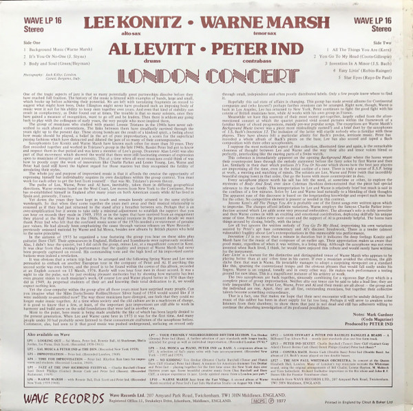 Lee Konitz • Warne Marsh • Al Levitt • Peter Ind - London Concert | Wave (LP 16) - 2