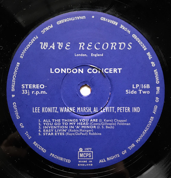 Lee Konitz • Warne Marsh • Al Levitt • Peter Ind - London Concert | Wave (LP 16) - 4