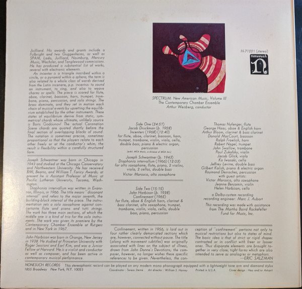 Jacob Druckman / Joseph Schwantner / John Harbison - Spectrum: New American Music, Volume III | Nonesuch (H-71221) - 2