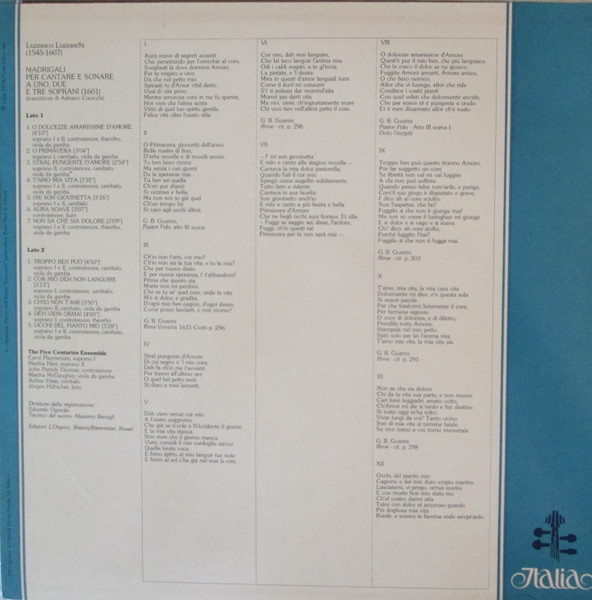 Luzzasco Luzzaschi - The Five Centuries Ensemble - Madrigali Per Cantare E Sonare, Due E Tre Soprani | Italia (ITL 70050) - 2 Luzzasco Luzzaschi - The Five Centuries Ensemble - Madrigali Per Cantare E Sonare, Due E Tre Soprani | Italia (ITL 70050) - 2