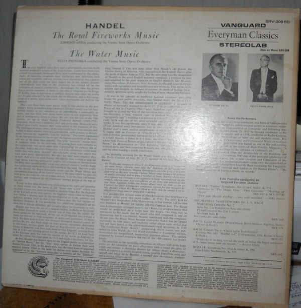 Handel , Vienna State Opera Orchestra - Royal Fireworks Music / Water Music | Vanguard (SRV-209SD) - 2