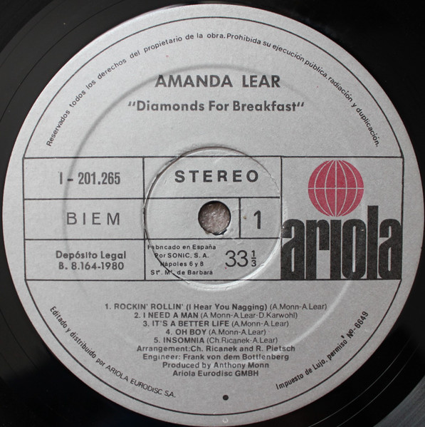 Amanda Lear - Diamonds For Breakfast | Ariola (I-201.265) - 3