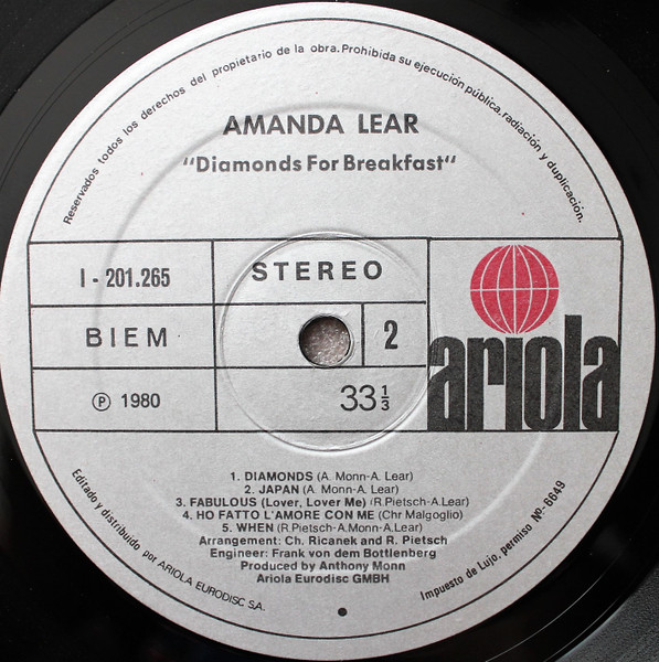 Amanda Lear - Diamonds For Breakfast | Ariola (I-201.265) - 4