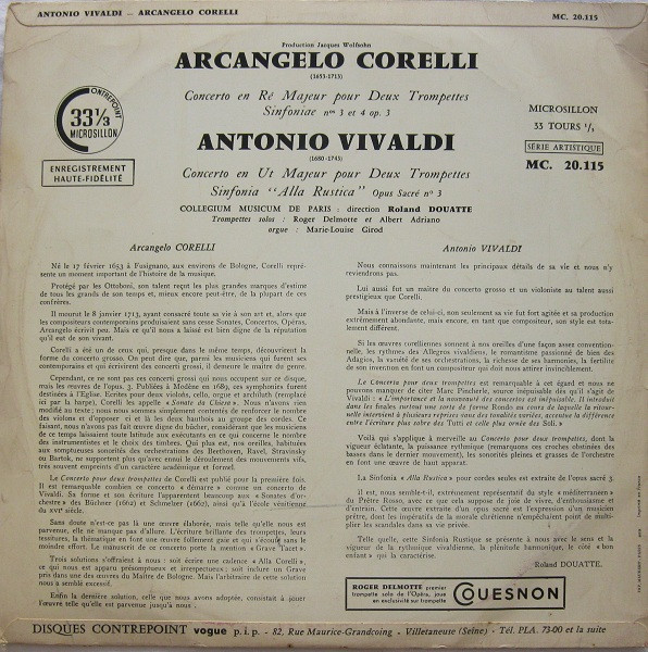 Antonio Vivaldi / Arcangelo Corelli , Collegium Musicum De Paris - Concerto Pour Deux Trompettes | Contrepoint (MC. 20.115) - 2