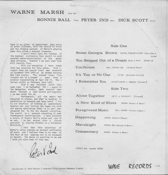Warne Marsh - Release Record. Send Tape. | Wave (LP 6) - 2