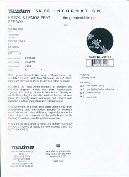 Kreon & Lemos Feat. Feeboy - The Greatest Hits EP | Resopal Red (RSP RED 017) - 2 Kreon & Lemos Feat. Feeboy - The Greatest Hits EP | Resopal Red (RSP RED 017) - 2