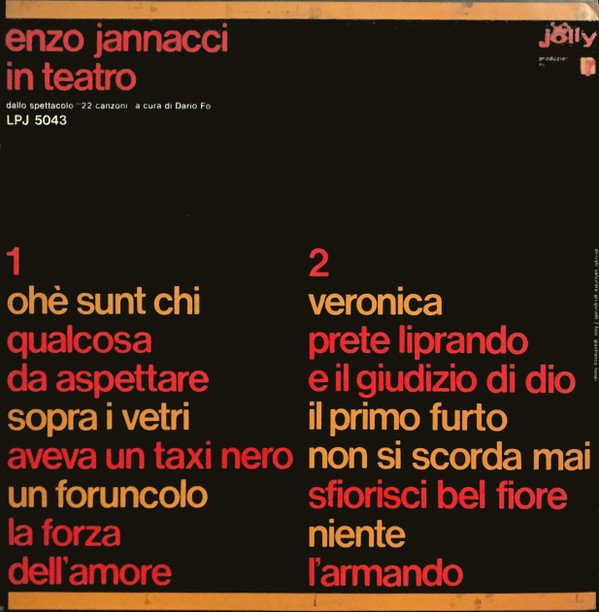 Enzo Jannacci - Enzo Jannacci In Teatro - Dallo Spettacolo "22 Canzoni" A Cura Di Dario Fo | Jolly Hi-Fi Records (LPJ 5043) - main