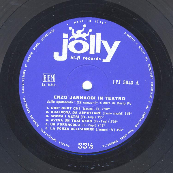 Enzo Jannacci - Enzo Jannacci In Teatro - Dallo Spettacolo "22 Canzoni" A Cura Di Dario Fo | Jolly Hi-Fi Records (LPJ 5043) - 3