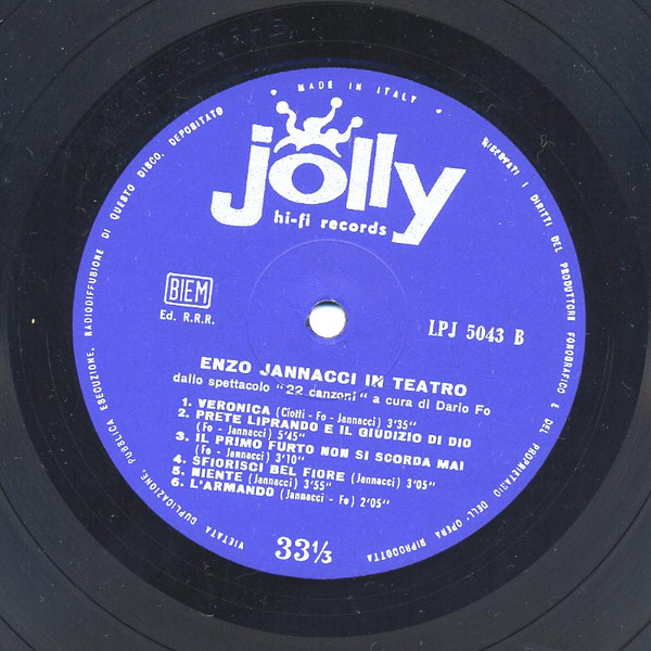 Enzo Jannacci - Enzo Jannacci In Teatro - Dallo Spettacolo "22 Canzoni" A Cura Di Dario Fo | Jolly Hi-Fi Records (LPJ 5043) - 4