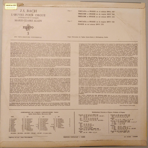 Johann Sebastian Bach - Marie-Claire Alain - L'œuvre Pour Orgue De J.S. Bach - BWV 565 - 545 - 533 - 540 - 578 - | Erato (STU 70070) - 2