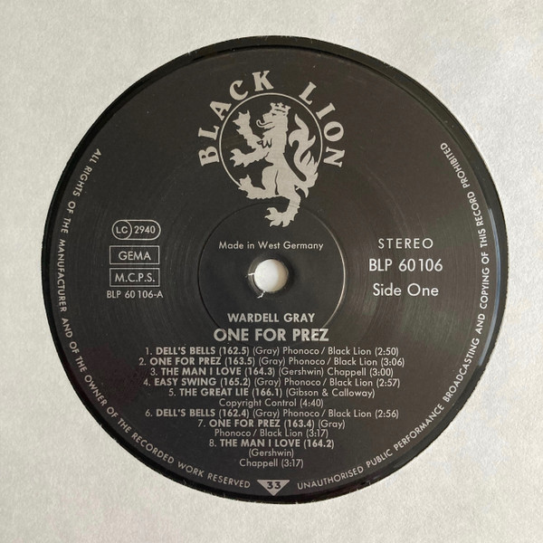 Wardell Gray - One For Prez | Black Lion Records (BLP 60106) - 4