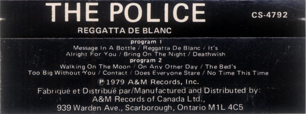 The Police - Reggatta De Blanc [Cassette] | A&M Records (CS-4792) - 2