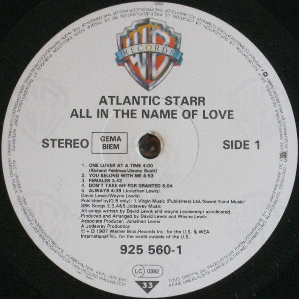 Atlantic Starr - All In The Name Of Love | Warner Bros. Records (925 560-1) - 2