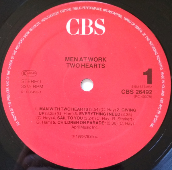Men At Work - Two Hearts | CBS (26492) - 3