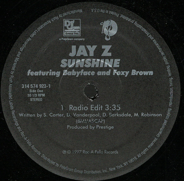 Jay-Z featuring Babyface and Foxy Brown - Sunshine | Roc-A-Fella Records (314 574 923-1) - main
