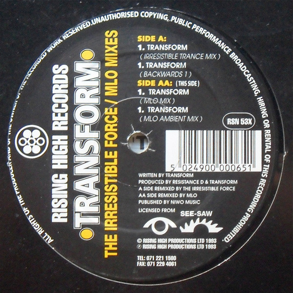 Transform - Transform (The Irresistible Force / MLO Mixes) | Rising High Records (RSN 53X)