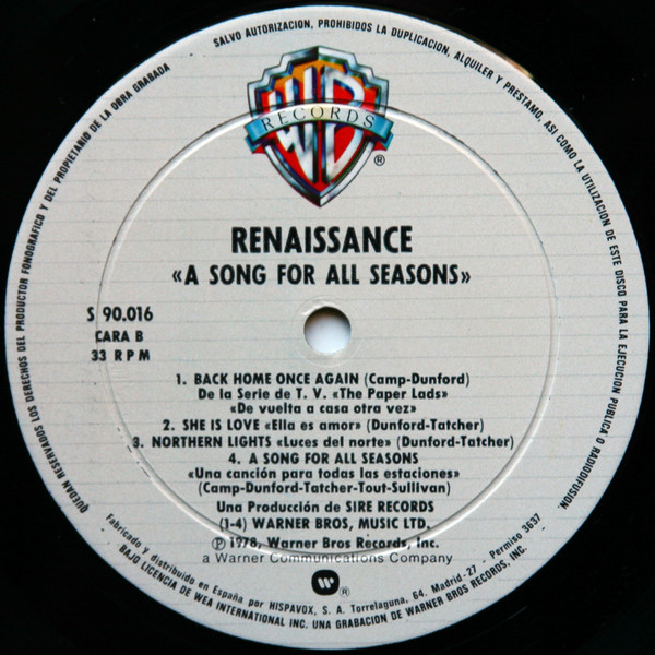 Renaissance - A Song For All Seasons | Warner Bros. Records (S 90.016) - 4
