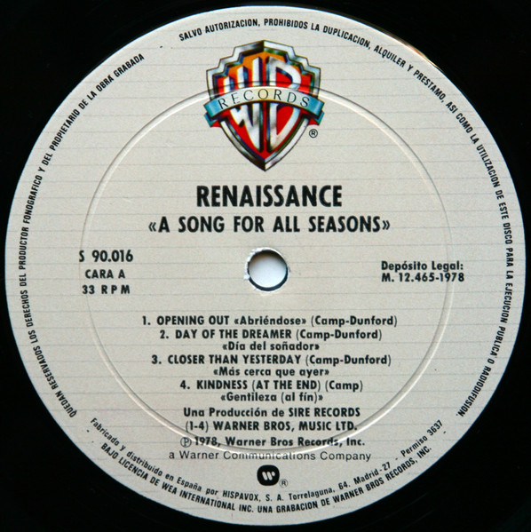 Renaissance - A Song For All Seasons | Warner Bros. Records (S 90.016) - 3