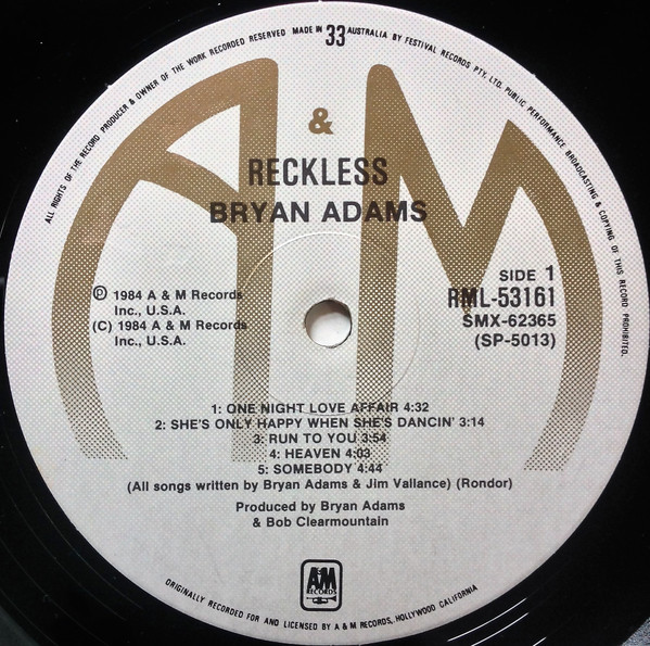 Bryan Adams - Reckless | A&M Records (RML-53161) - 3 Bryan Adams - Reckless | A&M Records (RML-53161) - 3