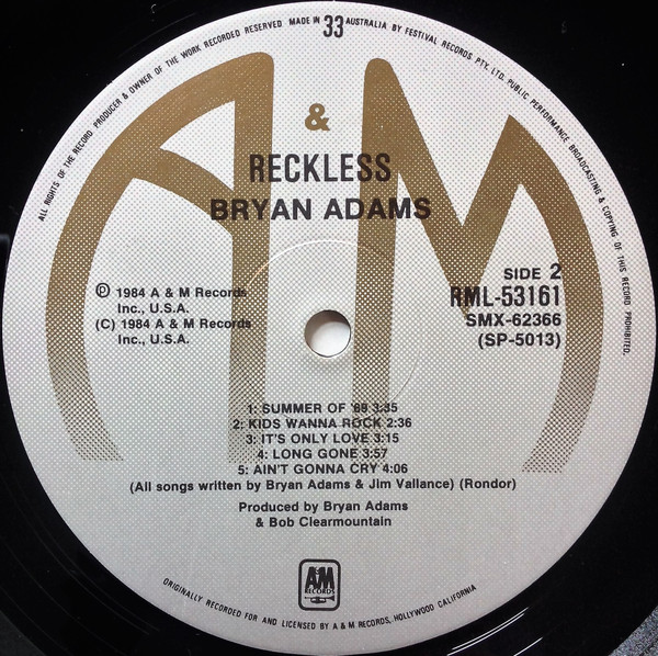 Bryan Adams - Reckless | A&M Records (RML-53161) - 4 Bryan Adams - Reckless | A&M Records (RML-53161) - 4