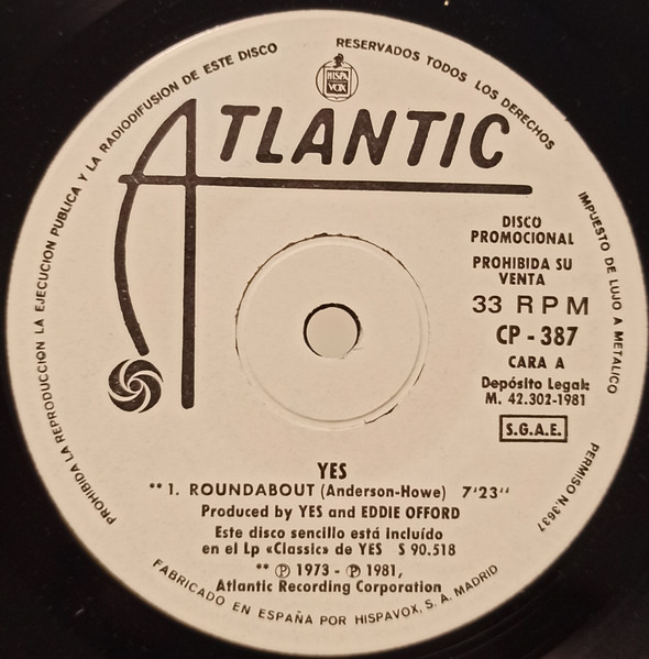 Yes - Roundabout / I've Seen All Good People | Atlantic (CP - 387)