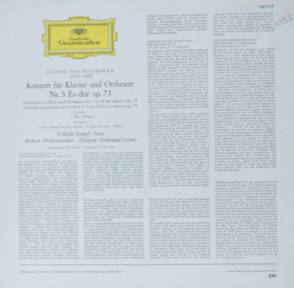Beethoven  &  Wilhelm Kempff  &  Berliner Philharmoniker  &  Ferdinand Leitner - Klavierkonzert Nr. 5 Es-dur | Deutsche Grammophon (138 777)